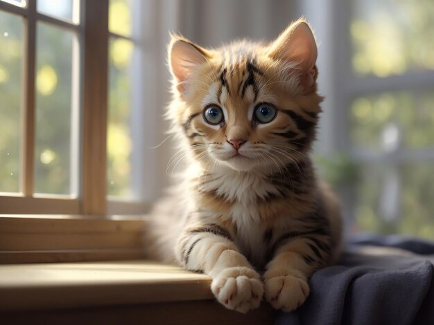 Un joli chaton domestique est assis à la fenêtre et regarde à l'extérieur de l'IA générative