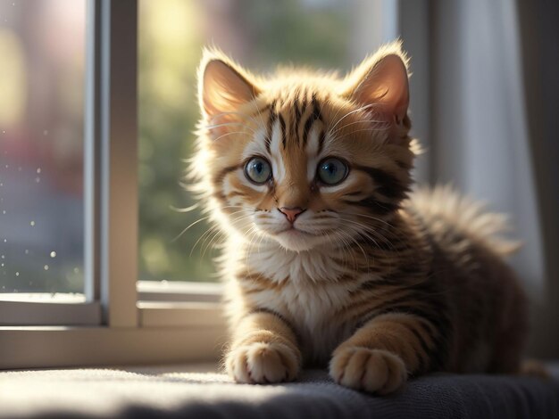 Un joli chaton domestique est assis à la fenêtre et regarde à l'extérieur de l'IA générative