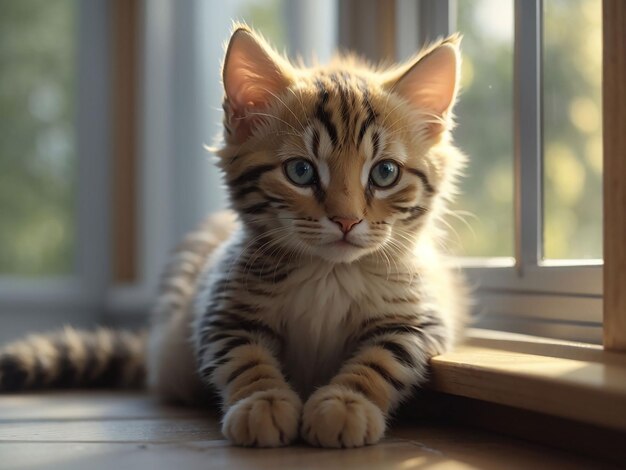 Un joli chaton domestique est assis à la fenêtre et regarde à l'extérieur de l'IA générative