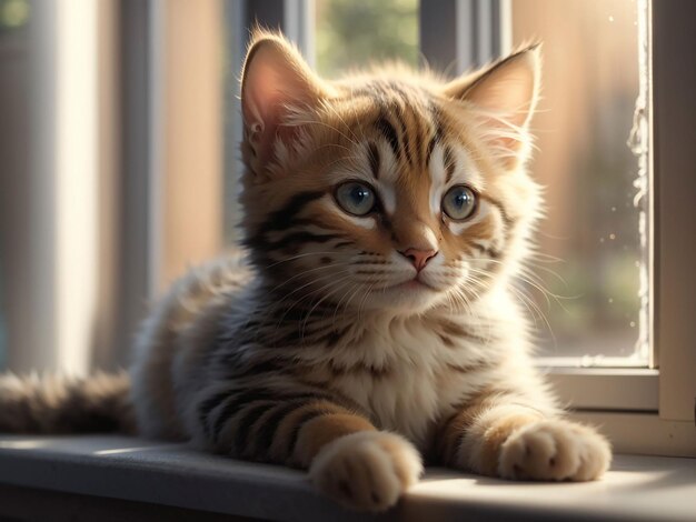 Un joli chaton domestique est assis à la fenêtre et regarde à l'extérieur de l'IA générative