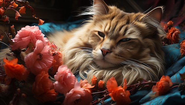 Un joli chaton dormant sur l'herbe entouré de belles fleurs générées par l'intelligence artificielle