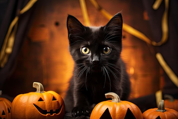 Joli chaton noir dans un seau d'Halloween avec des chauves-souris sur fond palomino