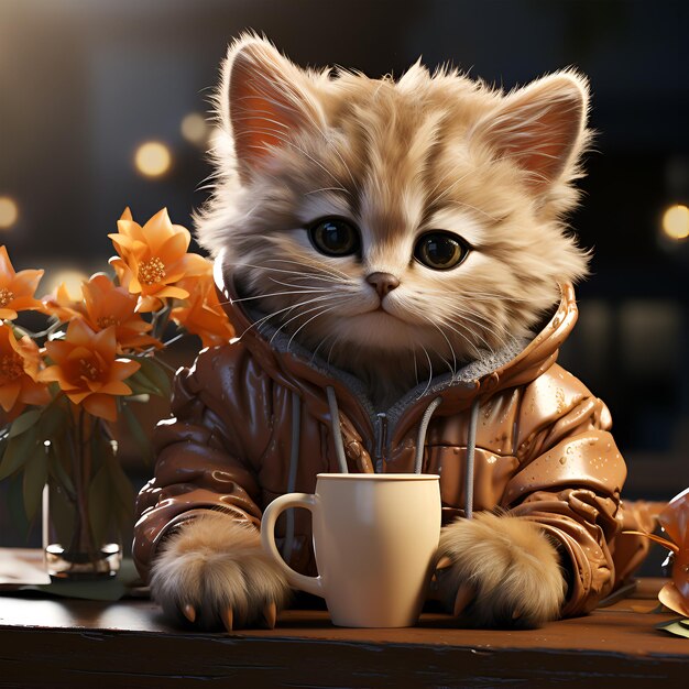 Joli chaton roux dans une veste chaude avec une tasse de café