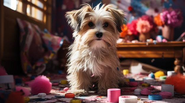 Photo joli chien biewer terrier avec des papiers colorés