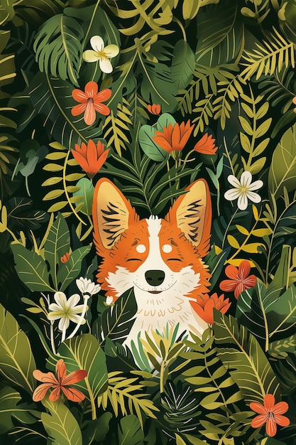 Joli chien corgi assis parmi les plantes tropicales et les fleurs dans l'illustration de la carte de vœux de la forêt