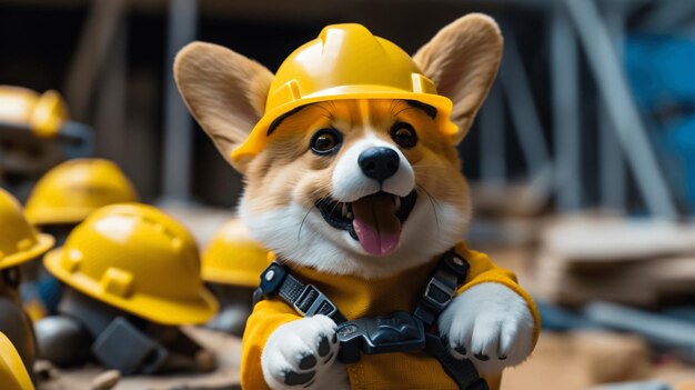 Joli chien corgi dans un casque de construction jaune