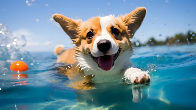 Photo joli chien corgi nageant dans l'eau claire été et vacances