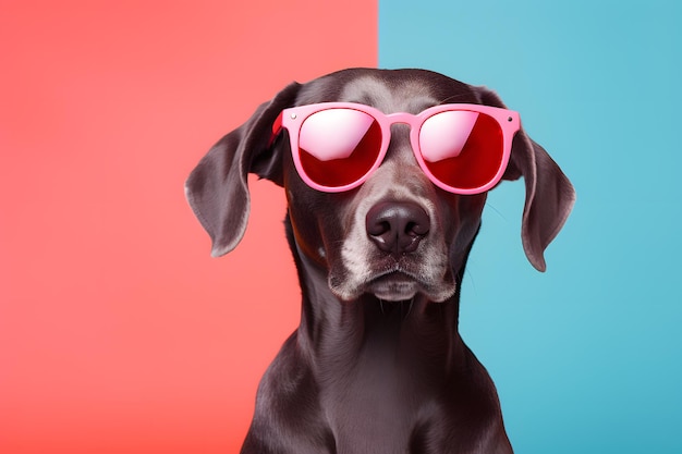 Joli chien drôle portant des lunettes de soleil sur fond couleur IA générative