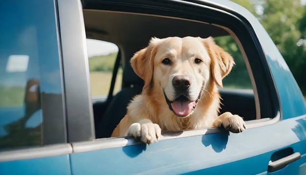 Joli chien golden retriever regardant par la fenêtre de la voiture dans le concept de voyage d'été