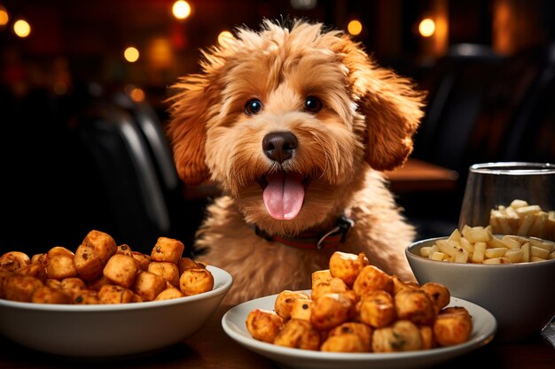 Joli chien Jack Russell Terrier avec un chien sur une table en bois avec un bol de pain