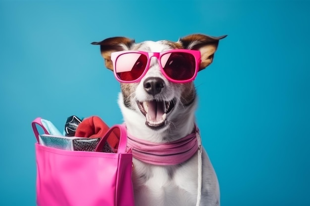 Joli chien en lunettes de soleil avec des sacs à provisions sur fond bleu