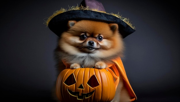 Joli chien de Poméranie déguisé en sorcière pour Halloween