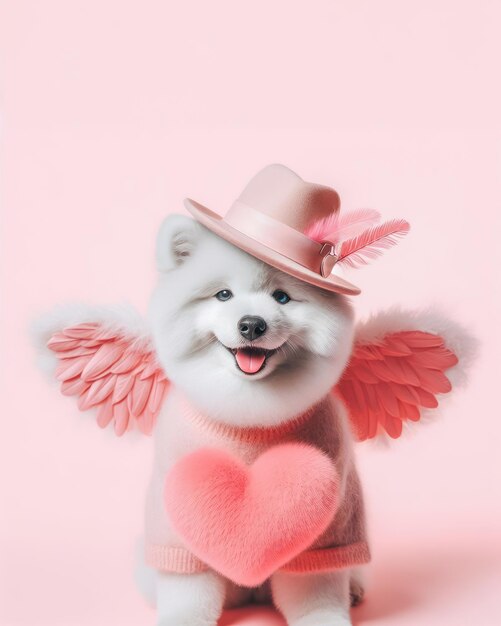 Joli chien Samoyède avec des ailes d'ange et un cœur rouge sur fond rose Concept de la Saint-Valentin