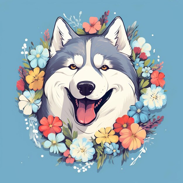 Un joli chien souriant avec un fond bleu et une illustration florale de fond fleuri Ai généré