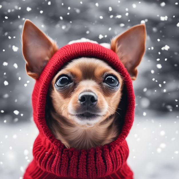 Joli chien terrier jouet dans un chapeau tricoté d'hiver sur fond de neige