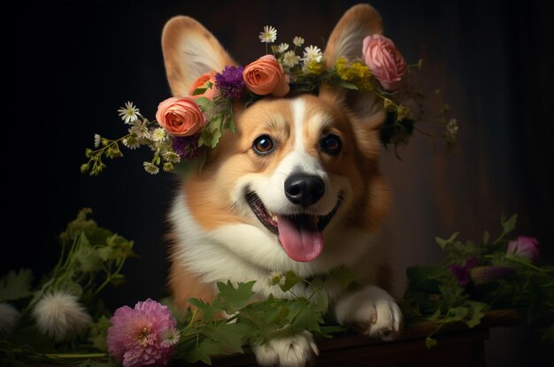 Joli chiot de corgi avec une couronne de fleurs sur la tête Carte de la fête des mères Carte postale pour le 8 mars