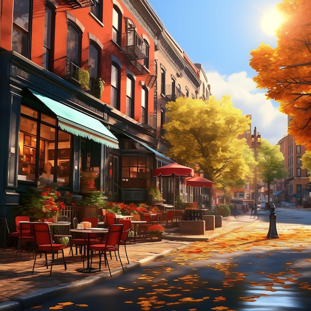 Un joli coin de café de la rue Boston dans le style de Pixar à l'automne Vue depuis le côté opposé