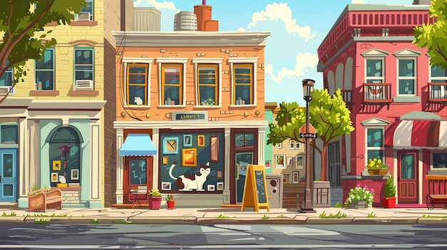 Joli coin de rue de dessin animé vectoriel avec des bâtiments colorés et un feu de circulation souriant