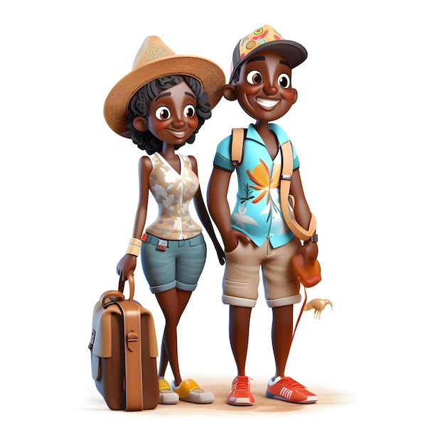 Joli couple afro-américain avec un sac à dos et un chapeau sur fond blanc