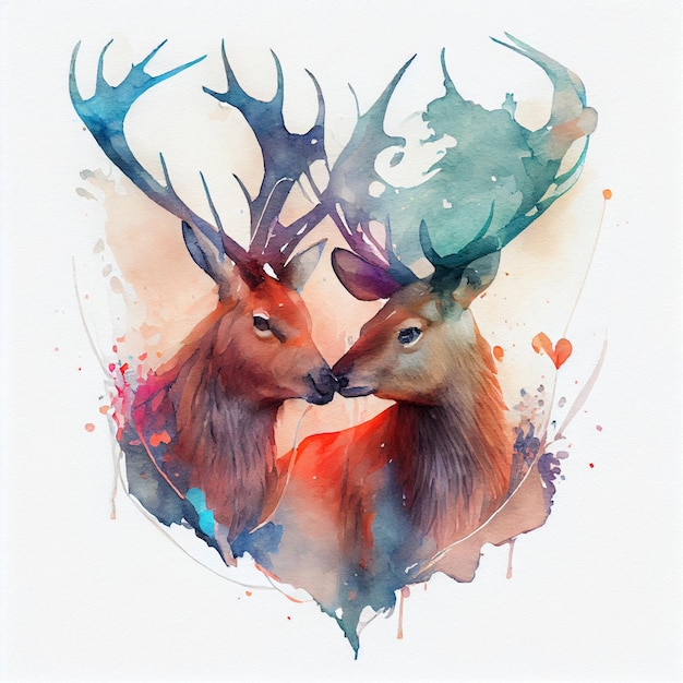 Joli couple de cerfs amoureux de l'illustration aquarelle de coeurs