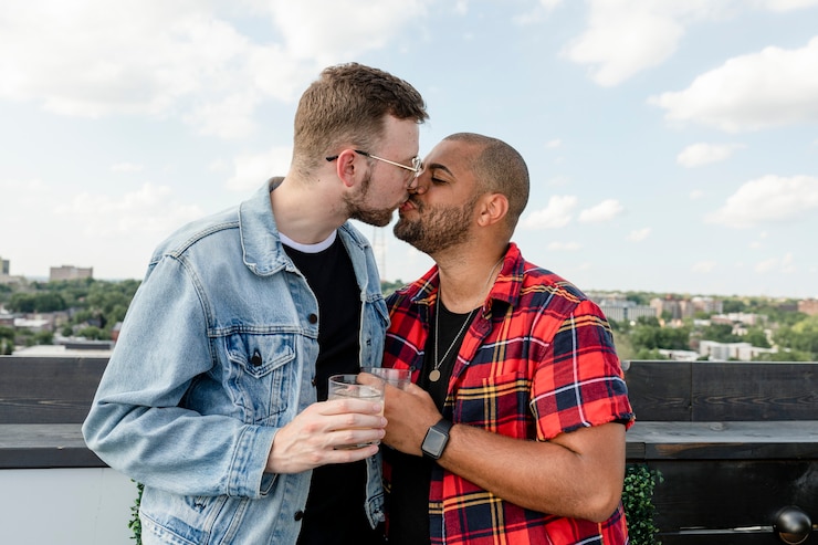 Photo joli couple gay s'embrassant lors d'un rendez-vous