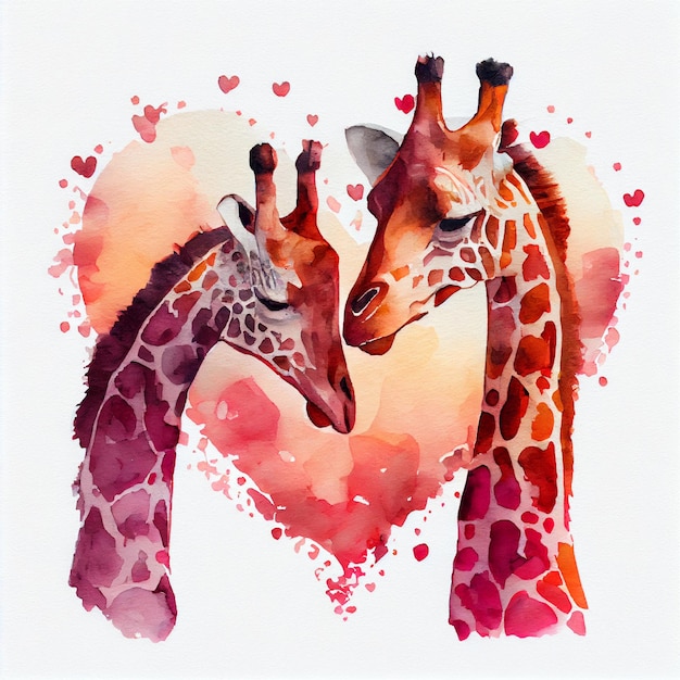 Joli couple de girafes amoureux de coeurs illustration aquarelle de carte de saint valentin