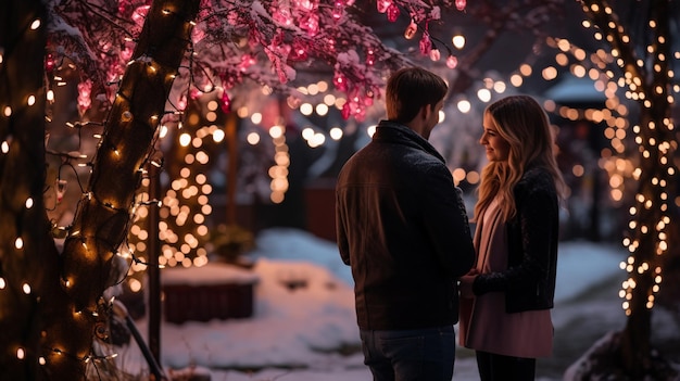 Joli couple heureux câlins sur fond de guirlandes de lumières Photo de haute qualité