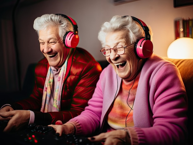 Joli couple de joueurs seniors aux cheveux gris à la retraite dans des vêtements vibrants riant et jouant au jeu vidéo à