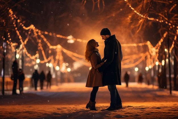 Un joli couple patinant sur la glace d'hiver Generative Ai