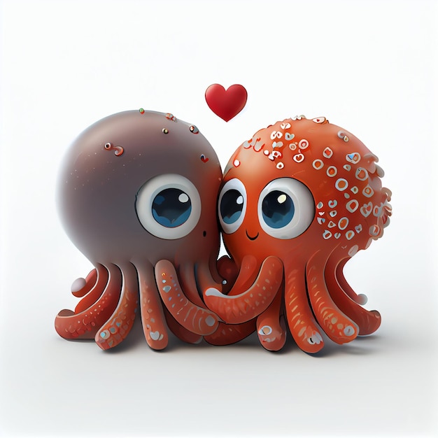 Joli couple de pieuvre amoureux des coeurs illustration de dessin animé de rendu 3d