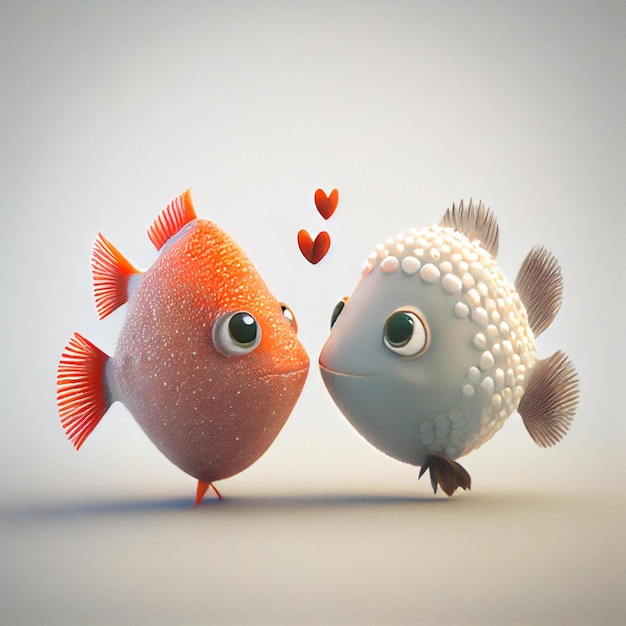 Joli couple de poissons amoureux de coeurs illustration de rendu 3d