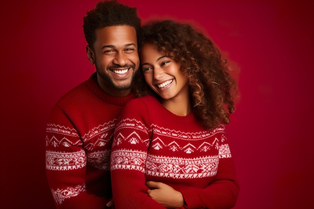 Joli couple en pulls rouges sur fond rouge