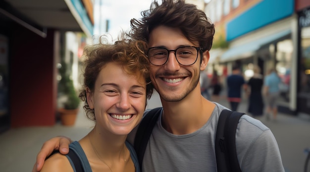 Joli couple souriant à la caméra grand homme femme courte en tenue décontractée