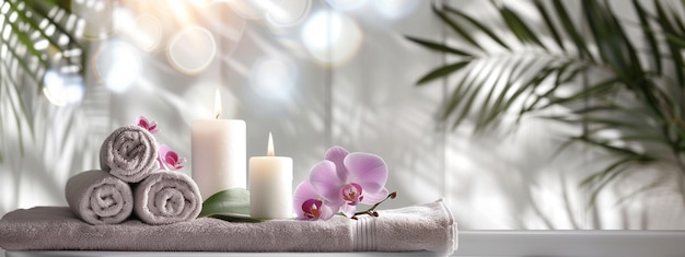 Joli décor de spa avec des serviettes, des bougies, des orchidées.