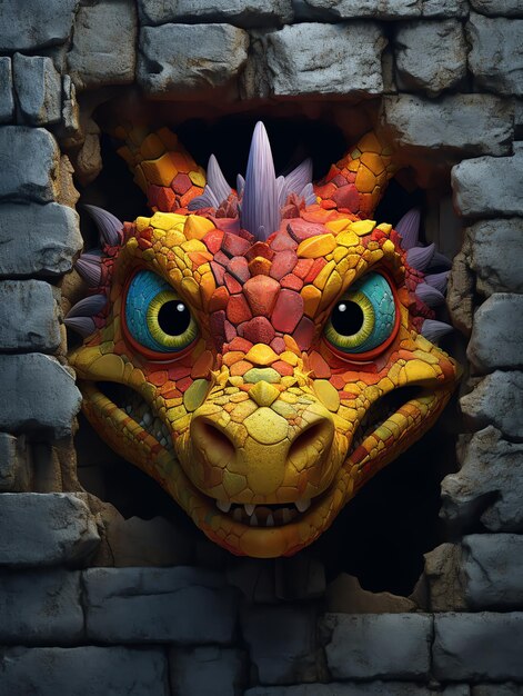 Photo joli dessin animé de dragon regardant à travers une illustration d'affiche murale pour enfants