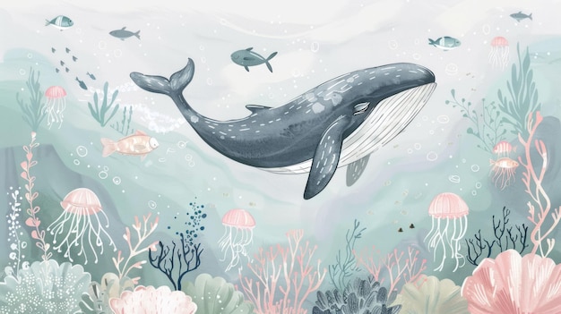 Joli dessin illustré à la main de baleine dans le papier peint de l'océan