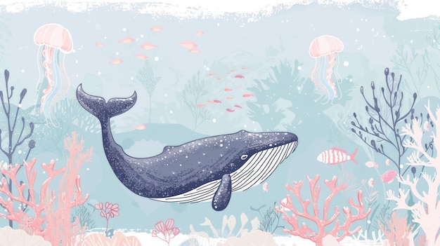 Joli dessin illustré à la main de baleine dans le papier peint de l'océan