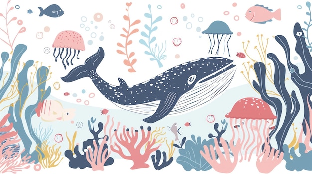 Joli dessin illustré à la main de baleine dans le papier peint de l'océan