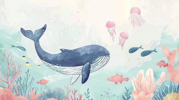 Joli dessin illustré à la main de baleine dans le papier peint de l'océan