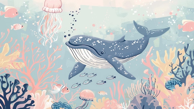 Joli dessin illustré à la main de baleine dans le papier peint de l'océan