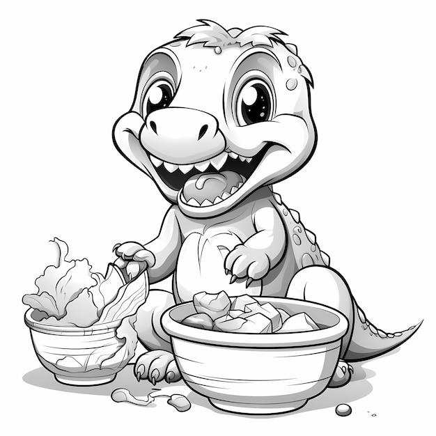 un joli dinosaure qui mange des spaghettis à colorier en noir et blanc