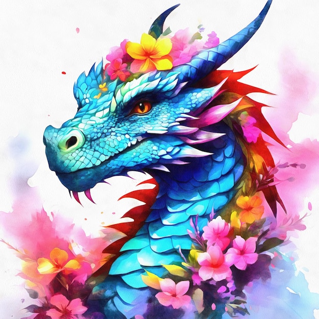 Joli dragon fantastique avec des fleurs colorées dans des aquarelles générées par l'IA
