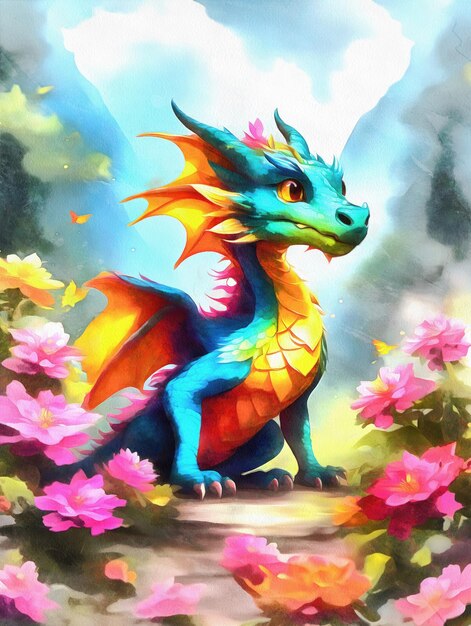 Joli dragon fantastique avec des fleurs colorées dans des aquarelles générées par l'IA