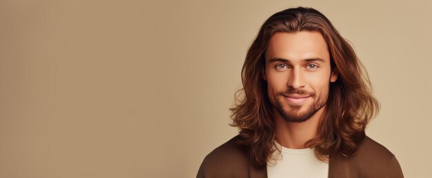 Joli, élégant, sexy, souriant, homme caucasien avec une peau parfaite et des cheveux longs sur un fond beige crème.