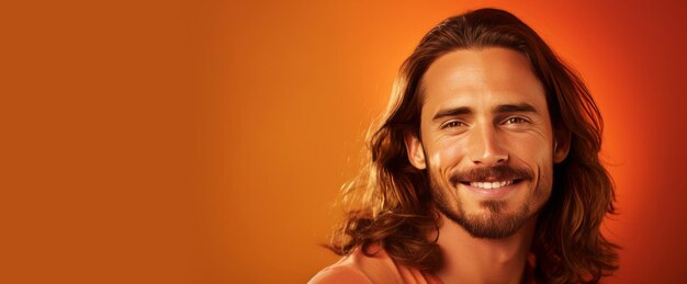 Joli, élégant, sexy, souriant, homme caucasien avec une peau parfaite et des cheveux longs sur un fond orange.