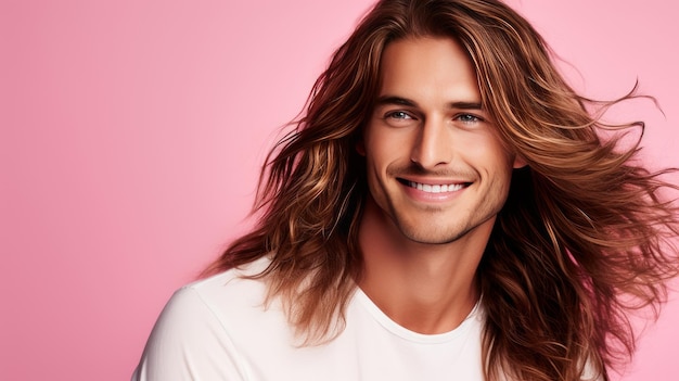 Joli, élégant, sexy, souriant, homme caucasien avec une peau parfaite et des cheveux longs sur un fond rose, bannière en gros plan.