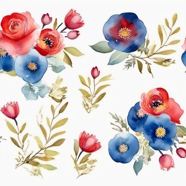 Joli ensemble de bouquets de fleurs et de feuilles à l'aquarelle en arrière-plan