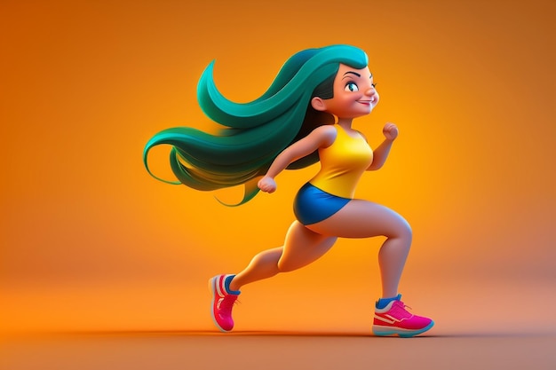 Joli exercice de jogging de dessin animé en 3D sur fond jaune