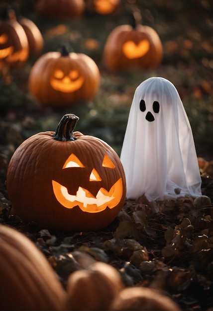 un joli fantôme d'Halloween flottant au-dessus d'un champ de citrouilles