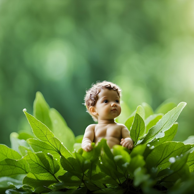 Photo joli fond de forêt et une miniature de bébé